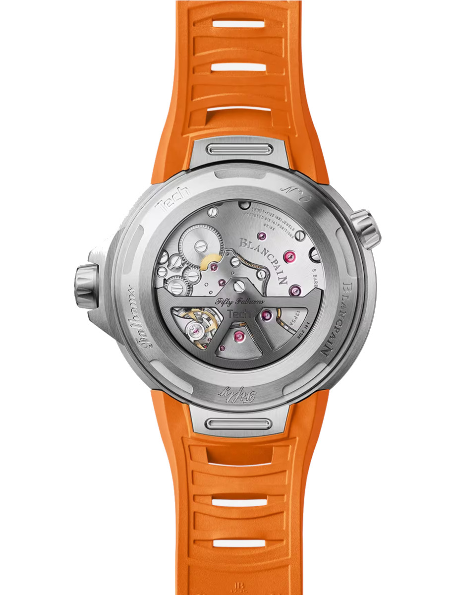 Back view of Blancpain Fifty Fathoms wristwatch with titanium case, black dial, and orange rubber strap.