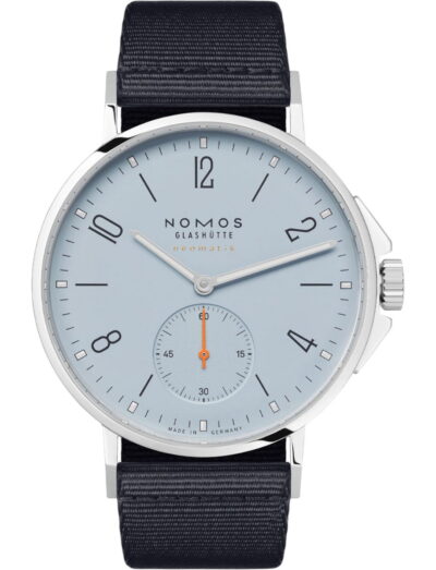 Nomos Glashutte wristwatch with stainless steel case, sky blue dial and blue textile strap