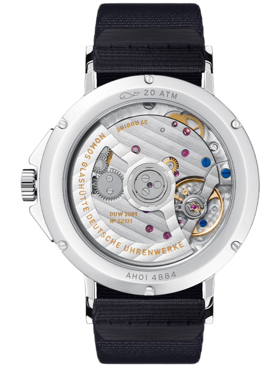 Back view of Nomos Glashutte wristwatch with stainless steel case, sky blue dial and blue textile strap