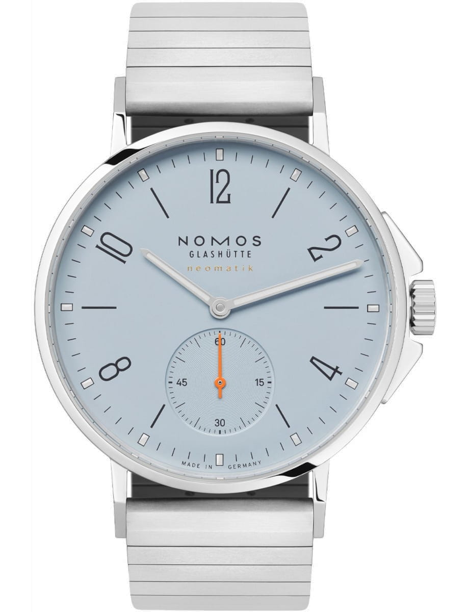 Nomos Glashutte wristwatch with stainless steel case and sport bracelet, and sky blue dial.
