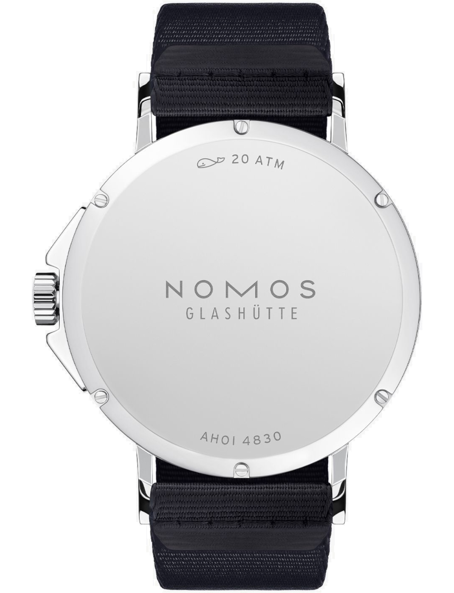 Back view of Nomos Glashutte wristwatch with stainless steel case, sky blue dial and blue textile strap