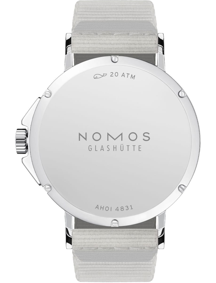 Nomos Ahoi Neomatik Sand wristwatch with stainless steel case and bracelet, and stainless steel case back.