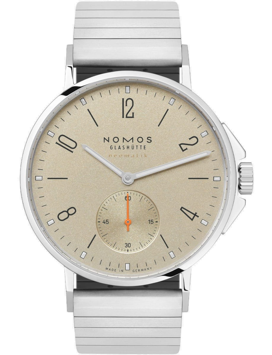 Nomos Ahoi Neomatik Sand wristwatch with stainless steel case and bracelet, and sand dial.