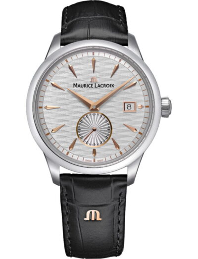 Maurice Lacroix 1975 Legacy wristwatch with stainless steel case, silver dial, and black alligator-style leather strap with 4N “M” logo.