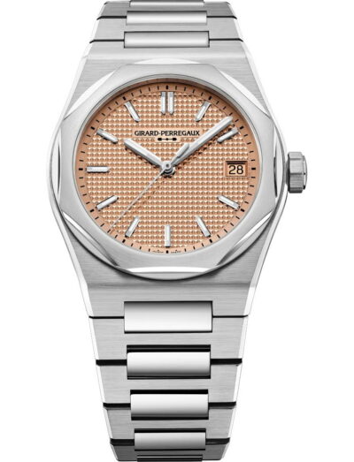 Girard Perregaux Laureato Fifty 36mm wristwatch with stainless steel case and bracelet, and 18K rose gold-toned dial.
