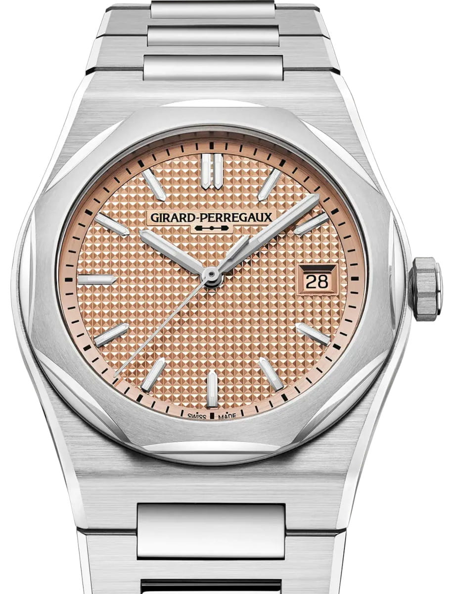 Close view of Girard Perregaux Laureato Fifty 36mm wristwatch with stainless steel case and bracelet, and 18K rose gold-toned dial.