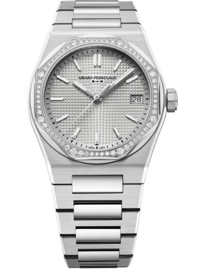 Close view of Girard Perregaux Laureato Fifty 36mm wristwatch with stainless steel case with diamond bezel and steel bracelet, and silver-toned dial.