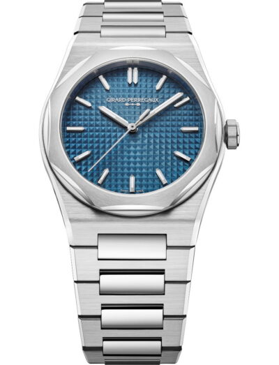Girard Perregaux Laureato Fifty wristwatch with stainless steel case and bracelet, and blue dial.