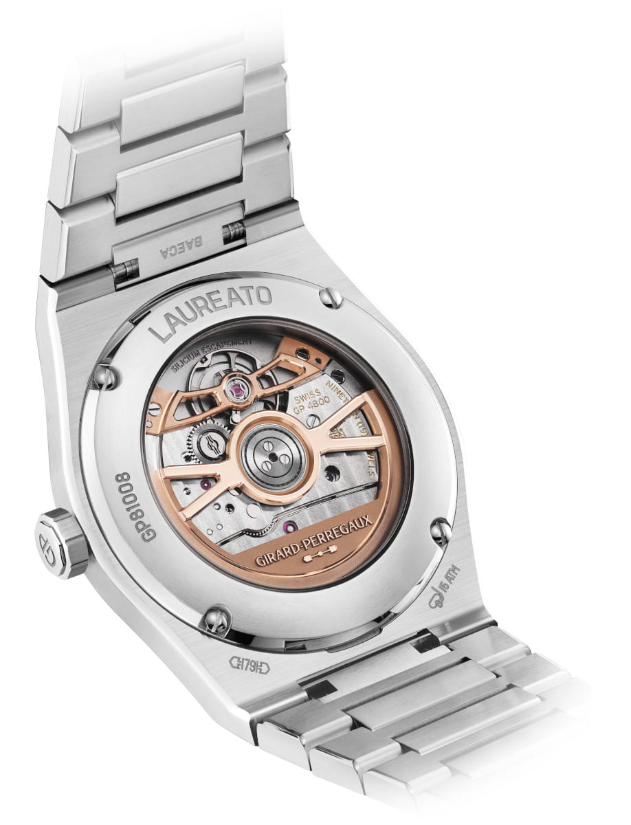 Back view of Girard Perregaux Laureato Fifty wristwatch with stainless steel case and bracelet, and open case back.