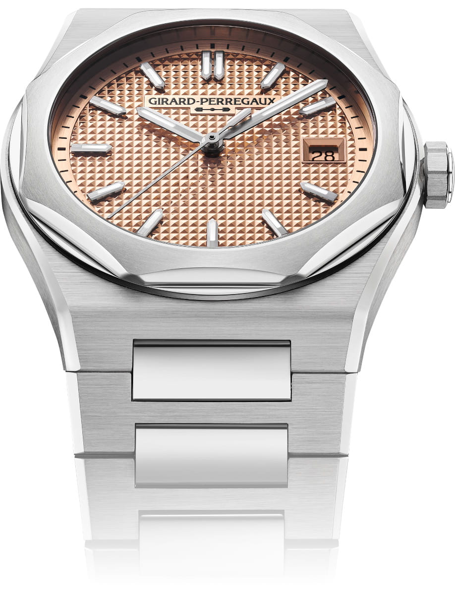 Front side view of Girard Perregaux Laureato Fifty wristwatch with stainless steel case and bracelet, and 18K rose gold-toned dial.