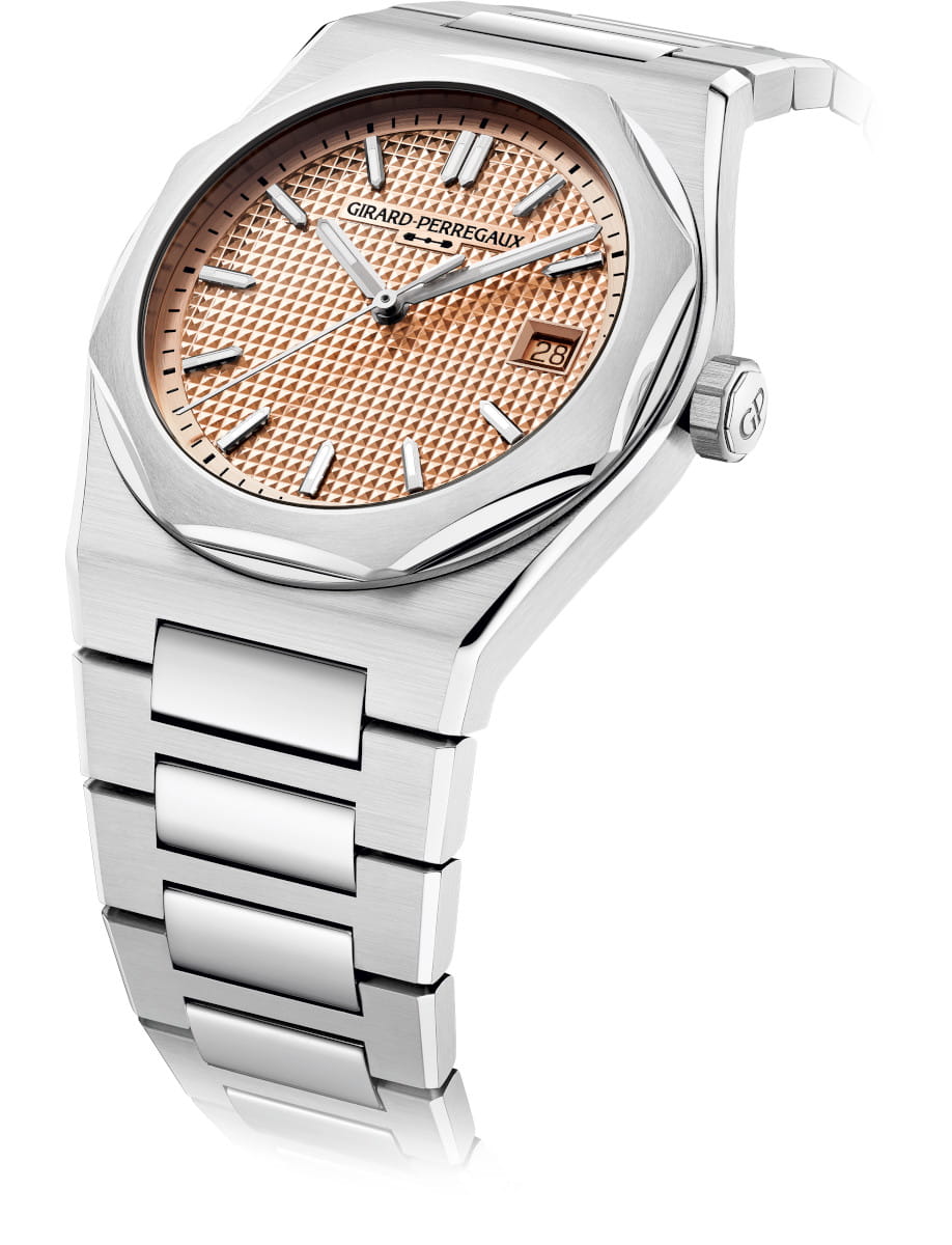 Side view of Girard Perregaux Laureato Fifty wristwatch with stainless steel case and bracelet, and 18K rose gold-toned dial.