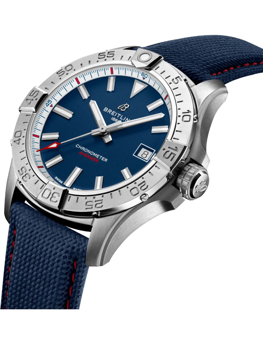 Side view of Breitling Avenger Automatic 42 America250 wristwatch with stainless steel case, blue dial, and blue calfskin leather.
