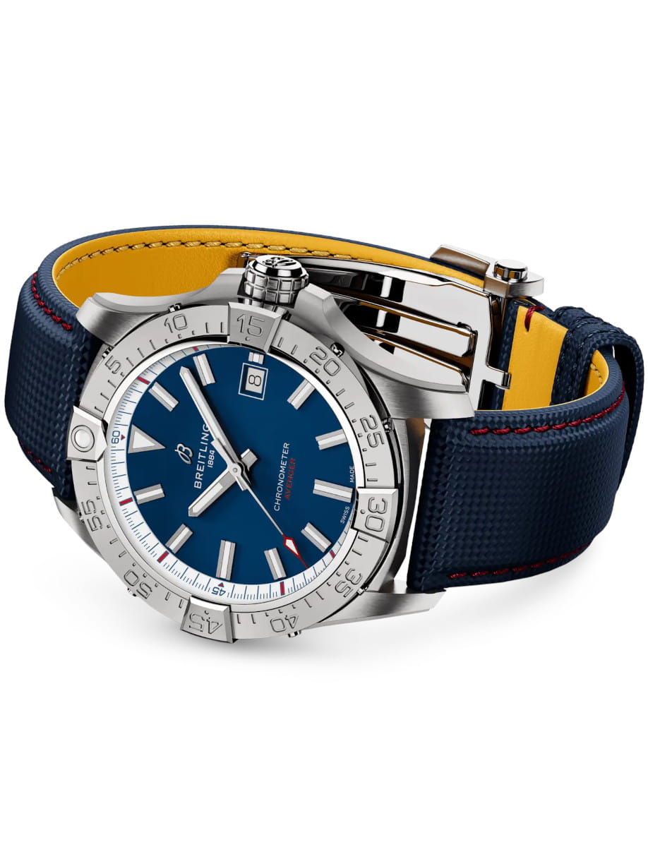Side view of Breitling Avenger Automatic 42 America250 wristwatch with stainless steel case, blue dial, and blue calfskin leather.