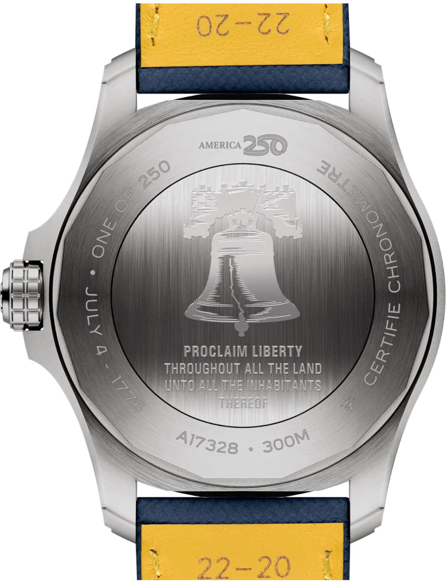 Back of Breitling Avenger Automatic 42 America250 wristwatch with stainless steel case, blue dial, and blue calfskin leather.