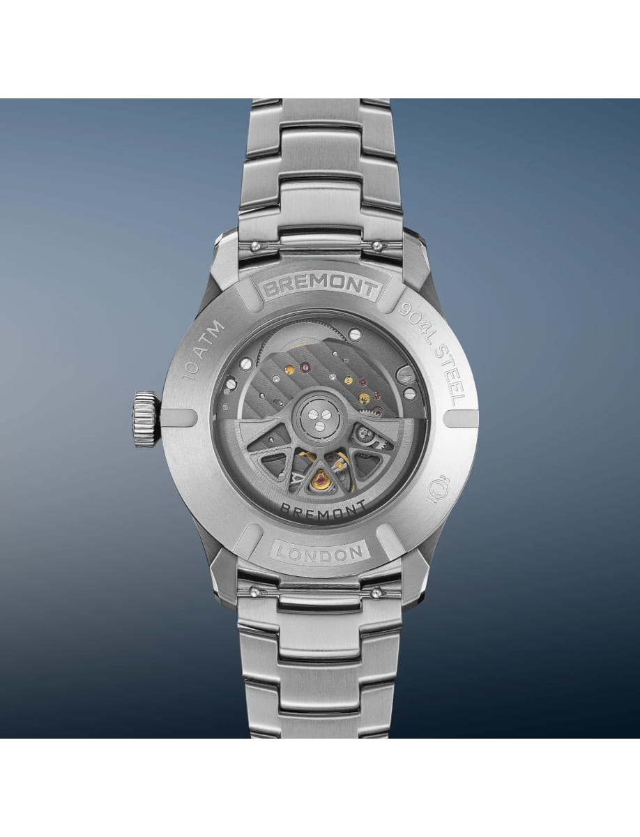 Back view of Bremont wristwatch with stainless steel case and bracelet and blue dial