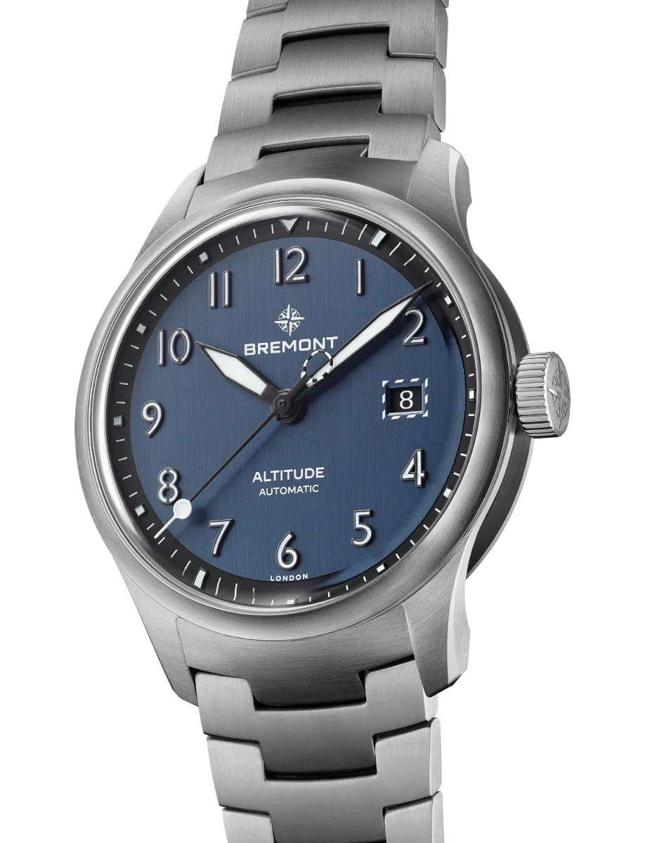 Side view of Bremont wristwatch with stainless steel case and bracelet and blue dial