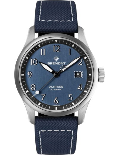 Bremont wristwatch with stainless steel case, blue dial, blue rubber and leather strap