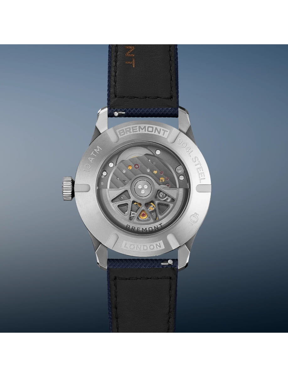 Back view of Bremont wristwatch with stainless steel case, blue dial, blue rubber and leather strap