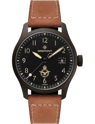 Bremont HMAF Altitude wristwatch with 904L Stainless Steel Trip-Tick case construction Coated With Cerakote Midnight Bronze, Black Galvanic metal dial, and Light Brown Nubuck Leather Strap.