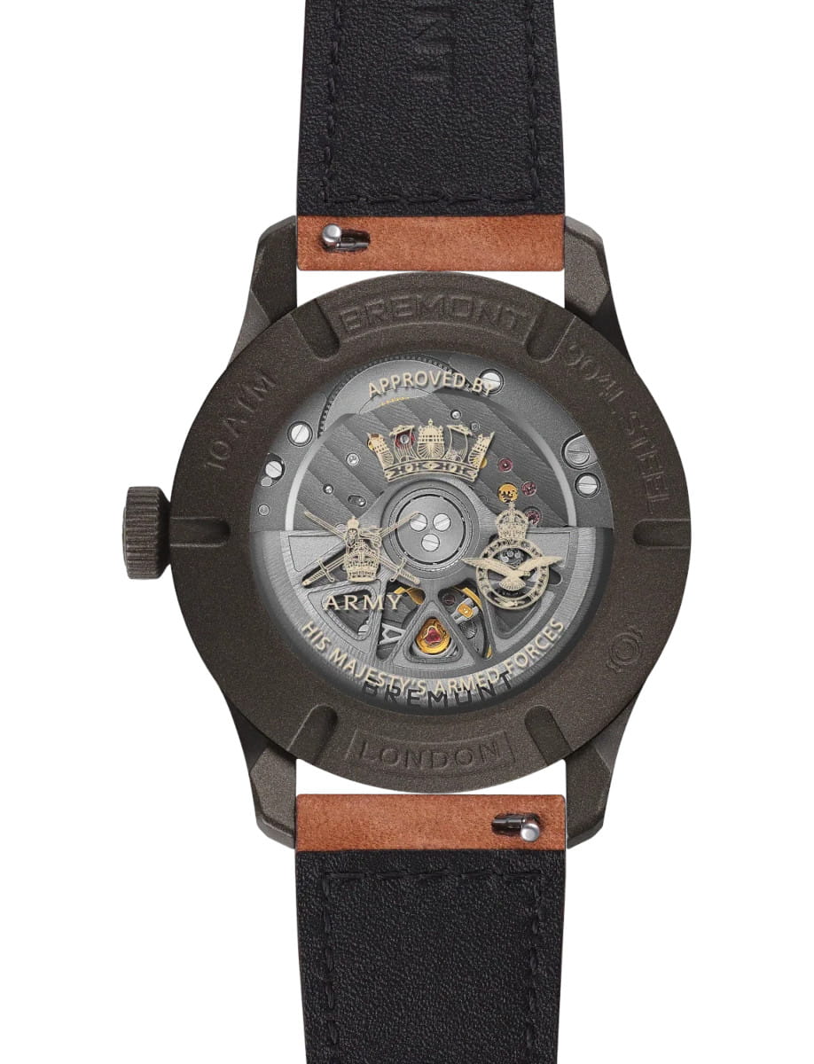 Back view of Bremont HMAF Altitude wristwatch with 904L Stainless Steel Trip-Tick case construction Coated With Cerakote Midnight Bronze, Black Galvanic metal dial, and Light Brown Nubuck Leather Strap.