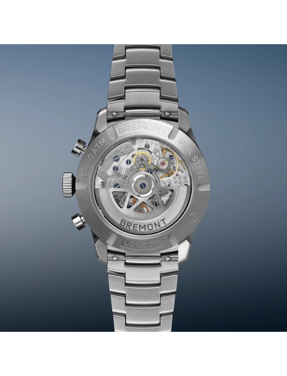 Back view of Bremont wristwatch with stainless steel case and bracelet and blue dial