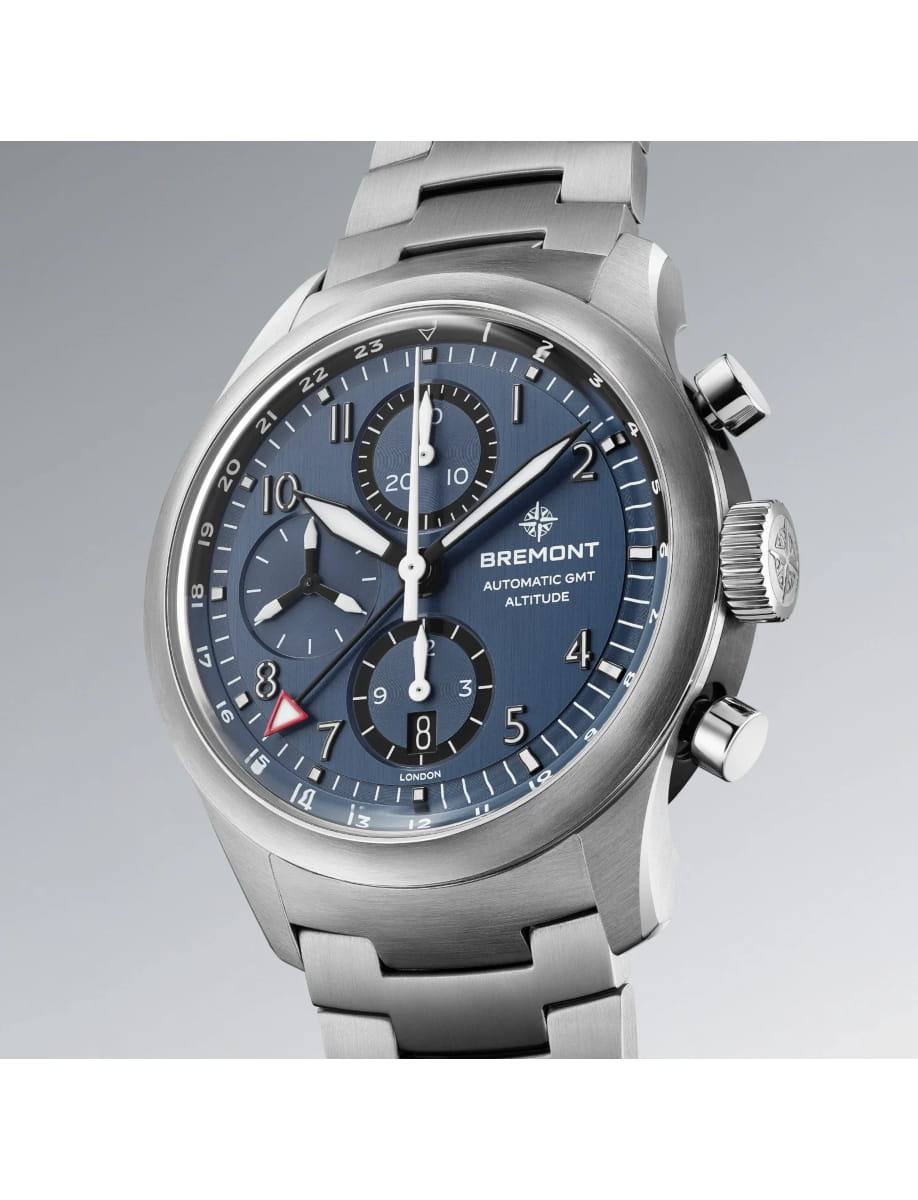 Side view of Bremont wristwatch with stainless steel case and bracelet and blue dial