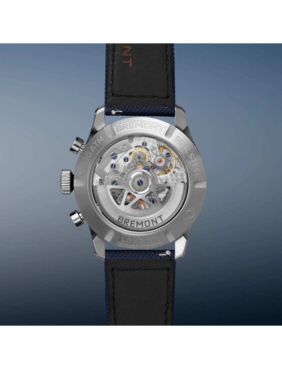 Back view of Bremont wristwatch with stainless steel case, blue dial, blue rubber and leather strap