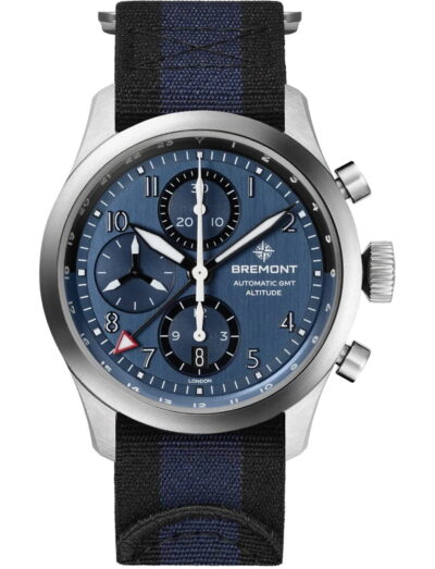 Bremont wristwatch with stainless steel case, blue dial and blue nato strap