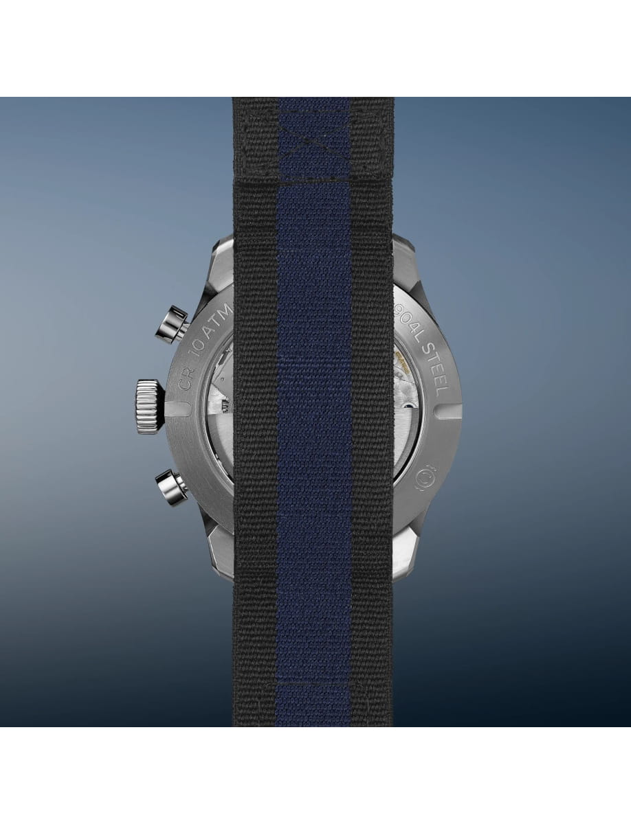 Back view of Bremont wristwatch with stainless steel case, blue dial and blue nato strap