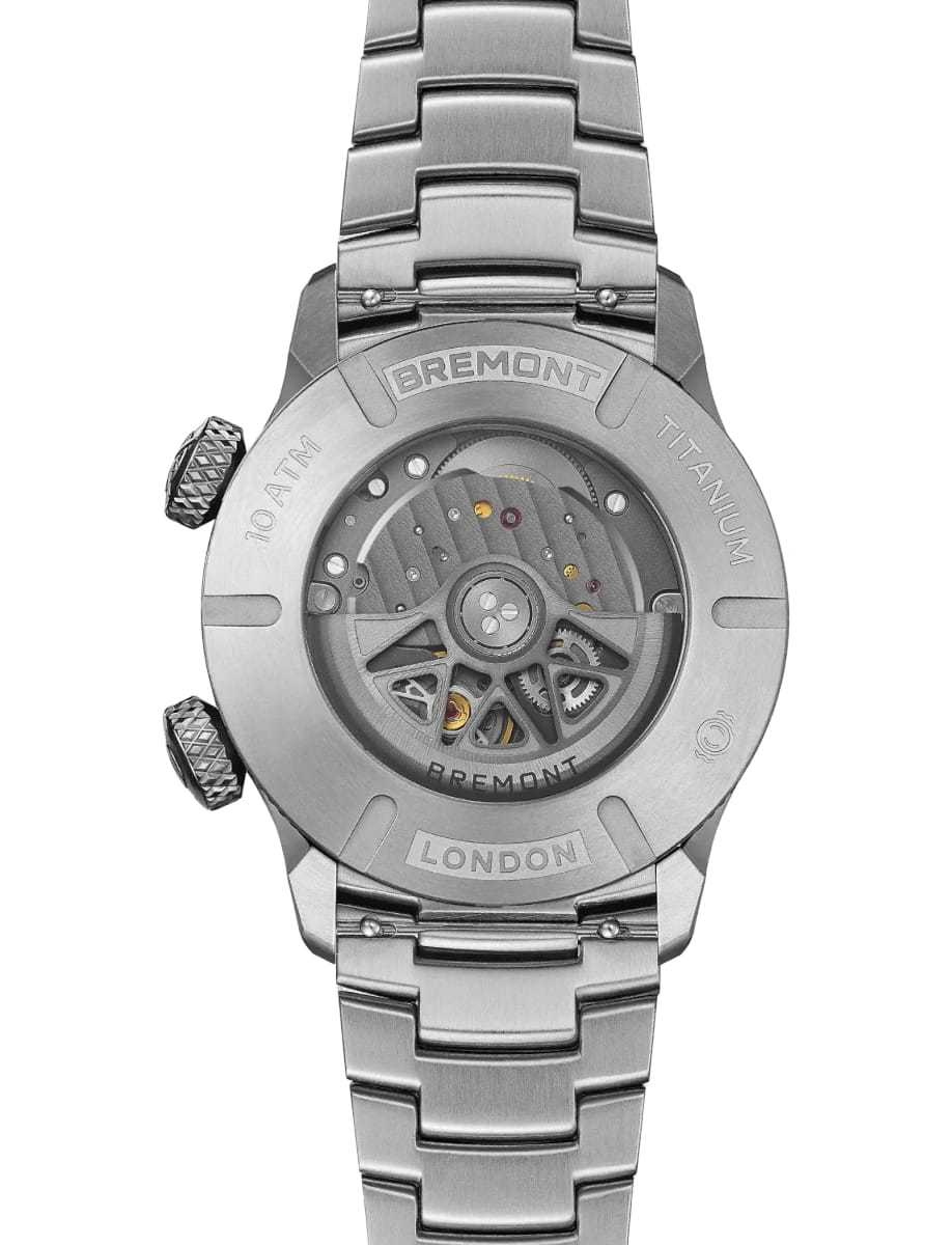 Back view of Bremont wristwatch with titanium case and bracelet and blue dial