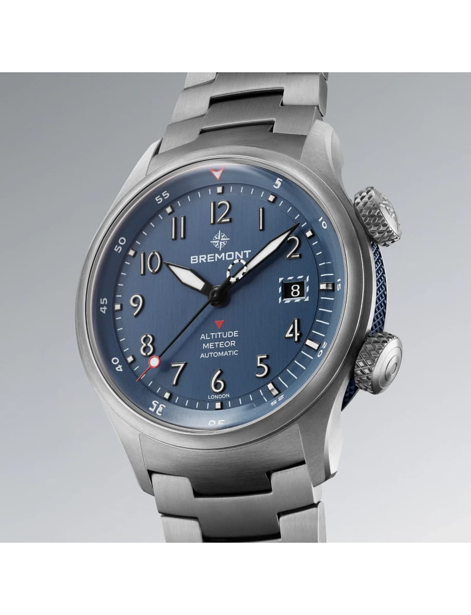 Side view of Bremont wristwatch with titanium case and bracelet and blue dial