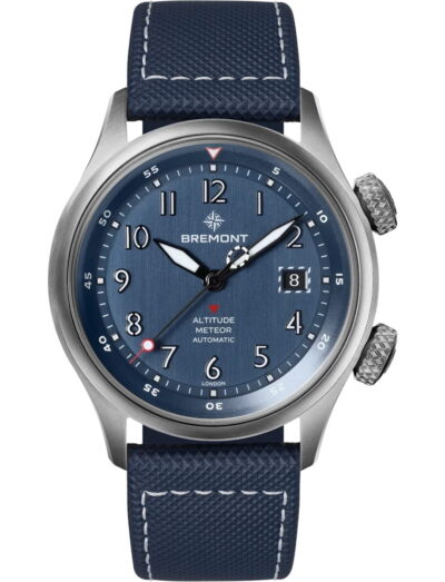 Bremont wristwatch with titanium case, blue dial, blue rubber and leather strap