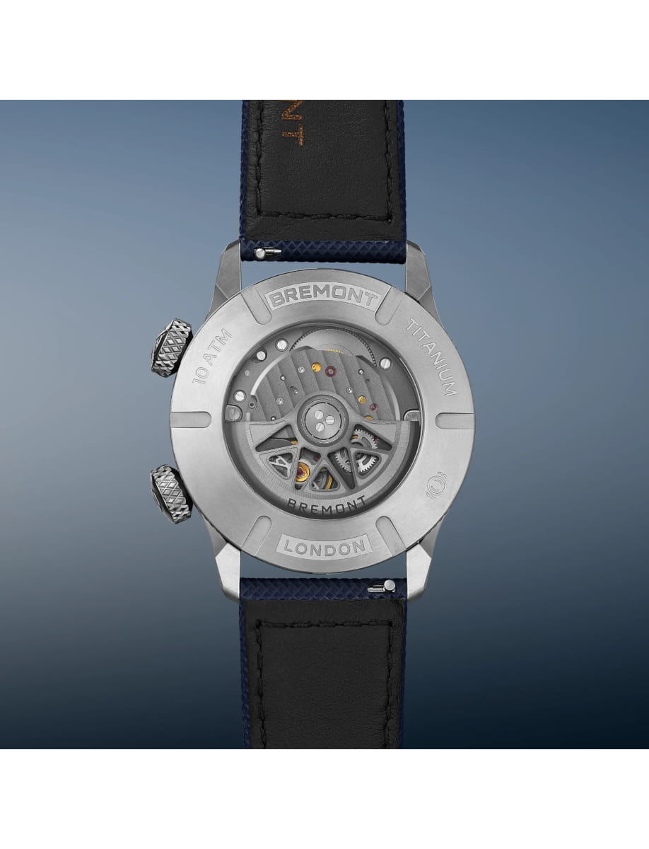 Back view of Bremont wristwatch with titanium case, blue dial, blue rubber and leather strap