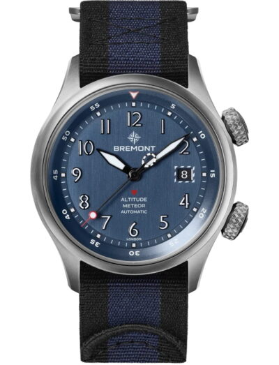 Bremont wristwatch with titanium case, blue dial and blue nato strap