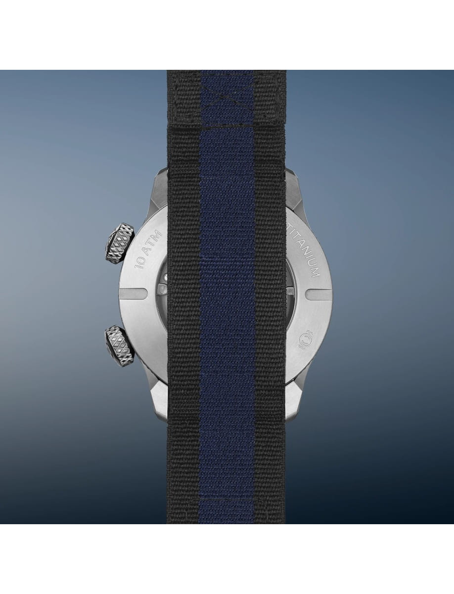 Back view of Bremont wristwatch with titanium case, blue dial and blue nato strap