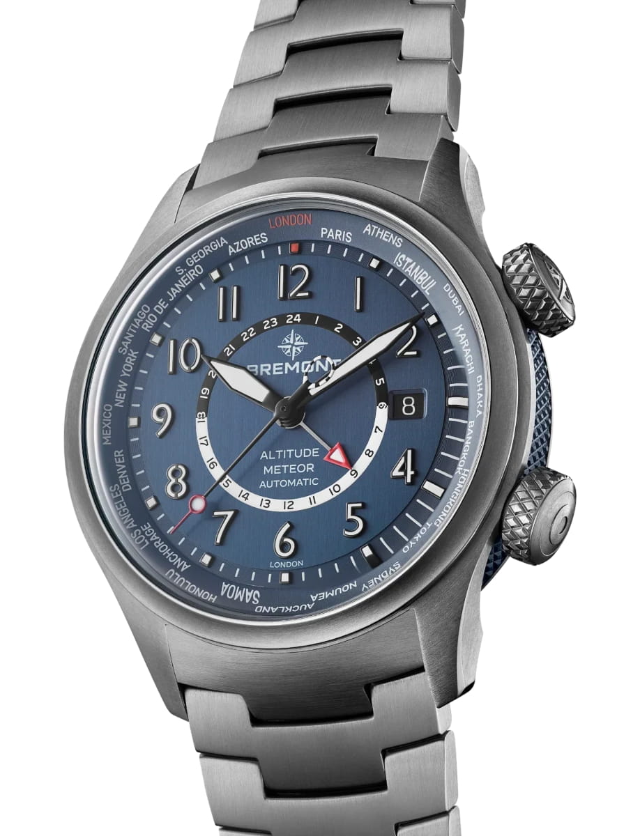 Side view of Bremont wristwatch with titanium case and bracelet and blue dial