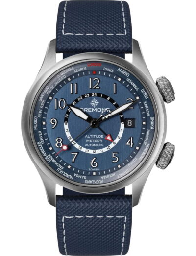 Bremont wristwatch with titanium case, blue dial, blue rubber and leather strap