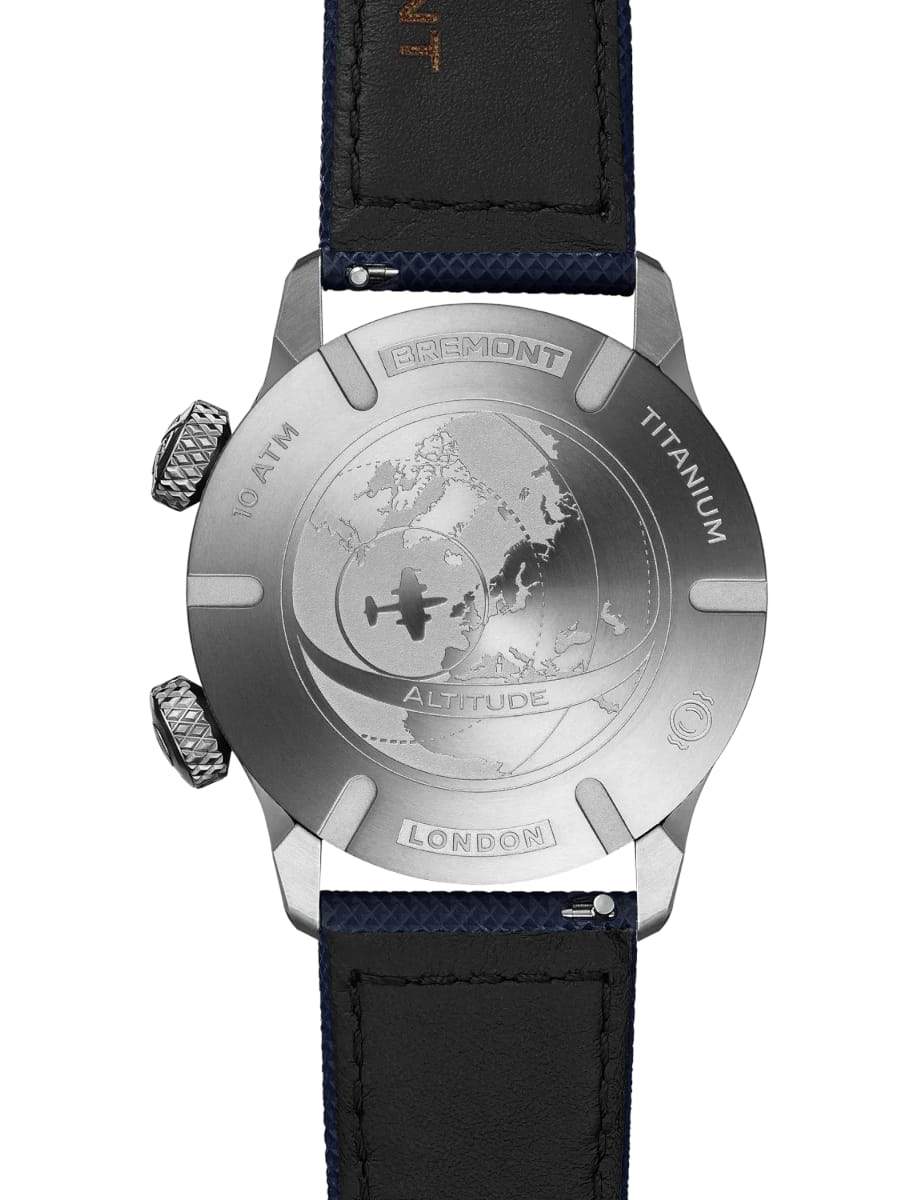 Back view of Bremont wristwatch with titanium case, blue dial, blue rubber and leather strap