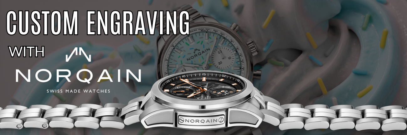 Ad banner promoting Norqain Swiss watches with the text 'Custom Engraving with Norqain' and a close-up silver watch band against a sprinkles backdrop.