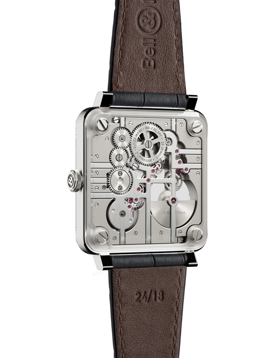 Back view of Bell & Ross BR-X3 Micro-Rotor wristwatch with stainless steel case, skeletonized dial, and grey-coloured calfskin.