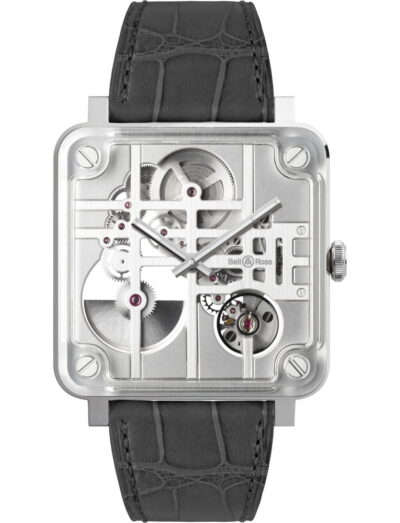 Bell & Ross BR-X3 Micro-Rotor wristwatch with stainless steel case, skeletonized dial, and grey-coloured calfskin.