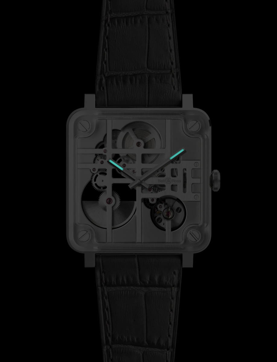 Night view of Bell & Ross BR-X3 Micro-Rotor wristwatch with stainless steel case, skeletonized dial, and grey-coloured calfskin.
