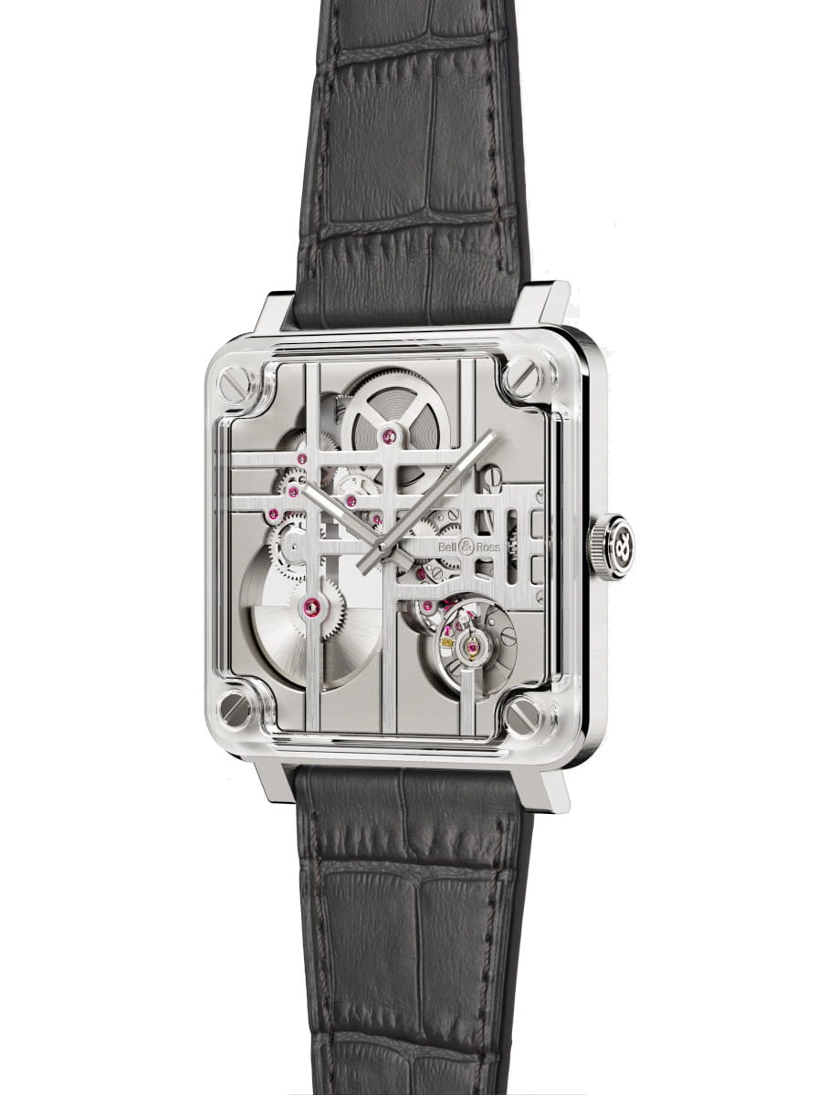 Side view of Bell & Ross BR-X3 Micro-Rotor wristwatch with stainless steel case, skeletonized dial, and grey-coloured calfskin.