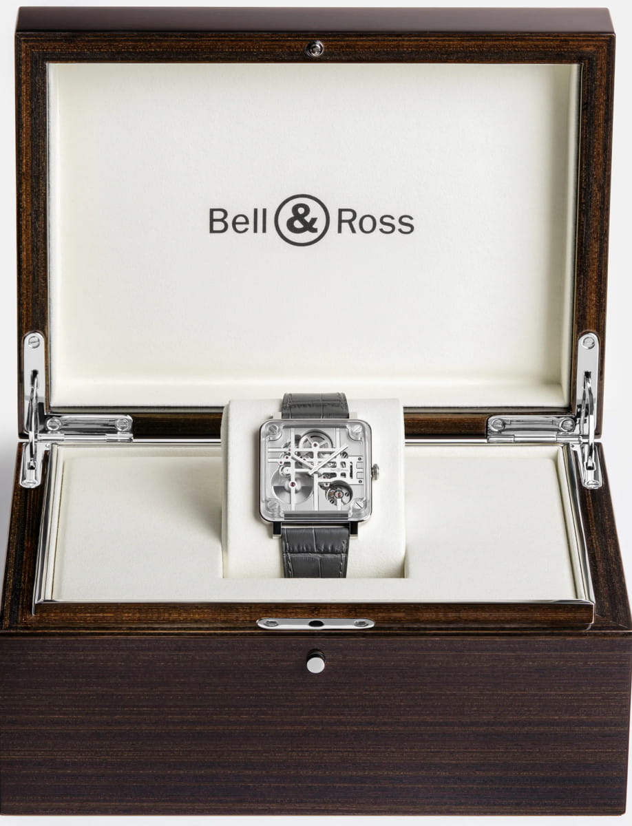 Box view of Bell & Ross BR-X3 Micro-Rotor wristwatch with stainless steel case, skeletonized dial, and grey-coloured calfskin.