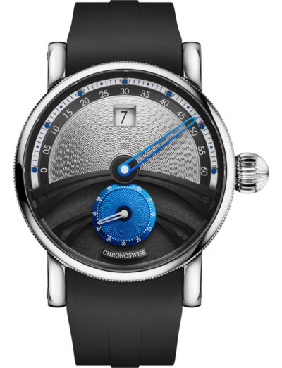 Chronoswiss wristwatch with titanium case, silver dial, and black rubber strap.