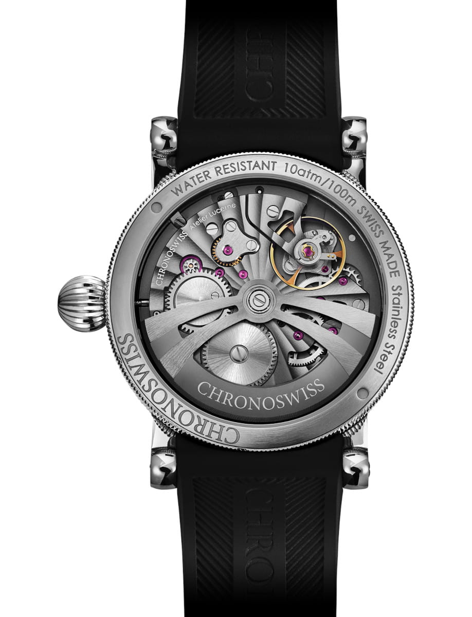 Back view of Chronoswiss wristwatch with titanium case, silver dial, and sapphire crystal case back.