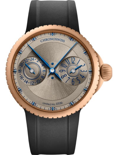 Chronoswiss PULSE GMT Frosted Guilloche Gold wristwatch with 5N Gold case, 3-dimensional dial construction brass, and Integrated Rubber black strap.