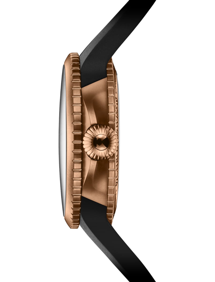 Side view of Chronoswiss PULSE GMT Frosted Guilloche Gold wristwatch with 5N Gold case, 3-dimensional dial construction brass, and Integrated Rubber black strap.