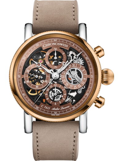 Chronoswiss Opus Chronograph Dakar wristwatch with stainless steel and 18k red gold case, skeletonized dial, and sand-colored Nubuck leather strap.