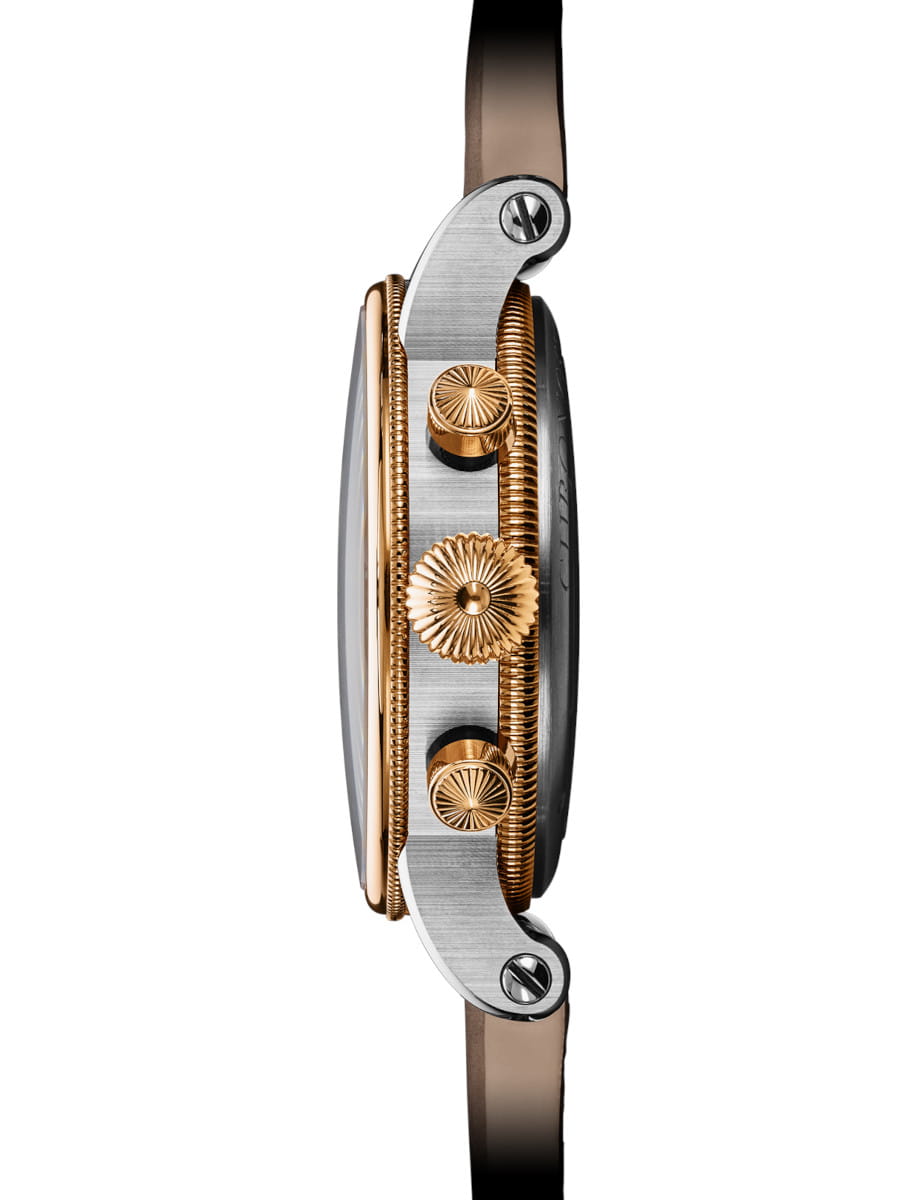 Side view of Chronoswiss Opus Chronograph Dakar wristwatch with stainless steel and 18k red gold case, skeletonized dial, and sand-colored Nubuck leather strap.